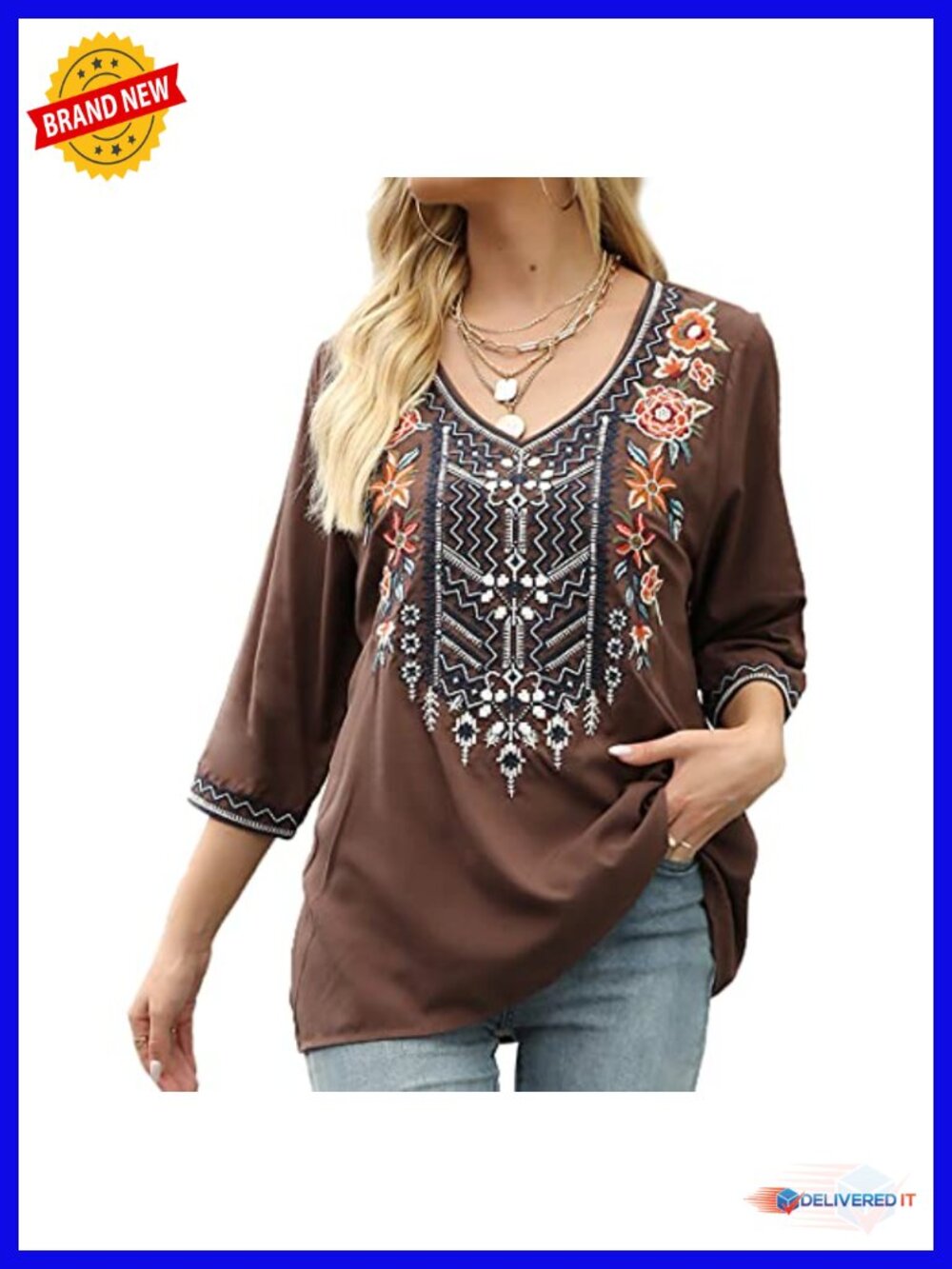 Women's Embroidered Peasant Tunic 3/4 Sleeve Boho Blouse Cotton Rayon